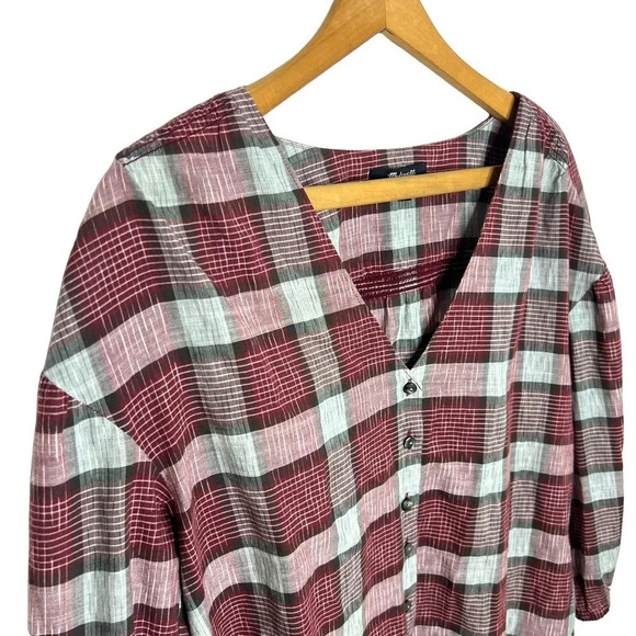 MADEWELL Red Plaid All Day Wear Button Down V Neck Blouse - Picture 4 of 12
